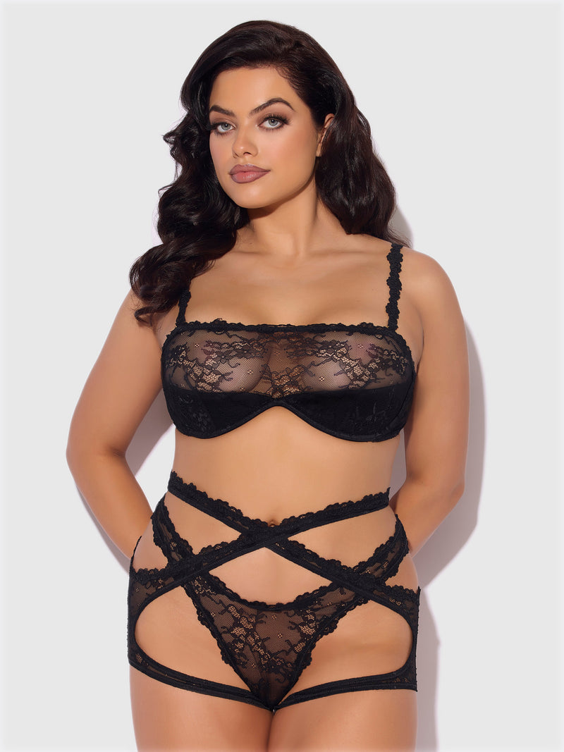 Yvone Wrap Lace Bra, Garter, & Tanga Set Black