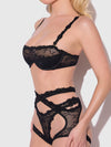 Yvone Wrap Lace Bra, Garter, & Tanga Set Black