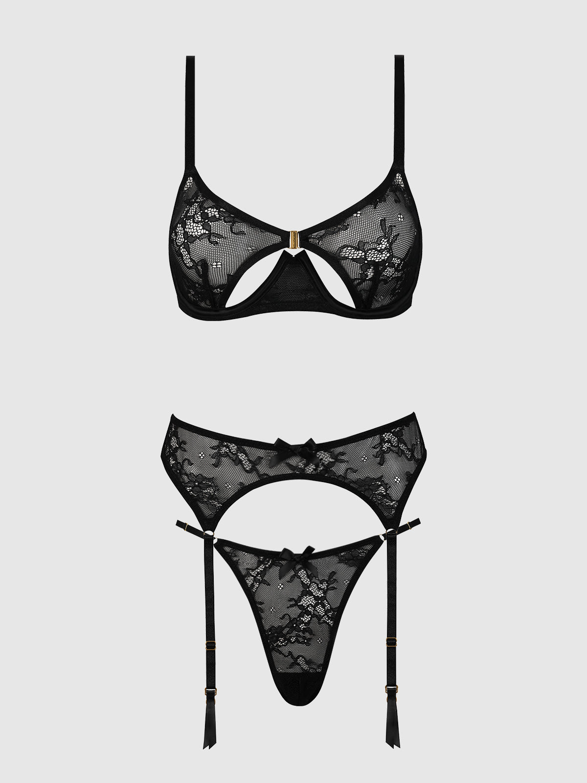 House of Desire Yvone Lace Open Cup Bra, Crotchless Thong & Garter Set