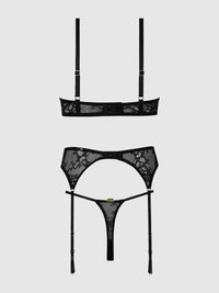 House of Desire Yvone Lace Open Cup Bra, Crotchless Thong & Garter Set