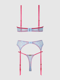 House of Desire Yvone Lace Open Cup Bra, Crotchless Thong & Garter Set