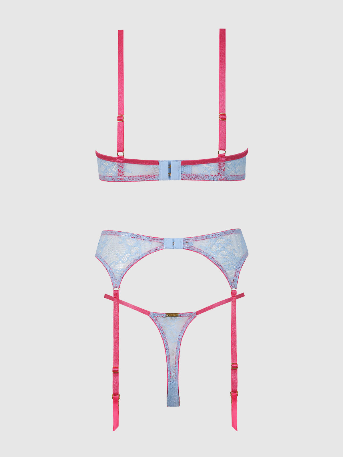 House of Desire Yvone Lace Open Cup Bra, Crotchless Thong & Garter Set