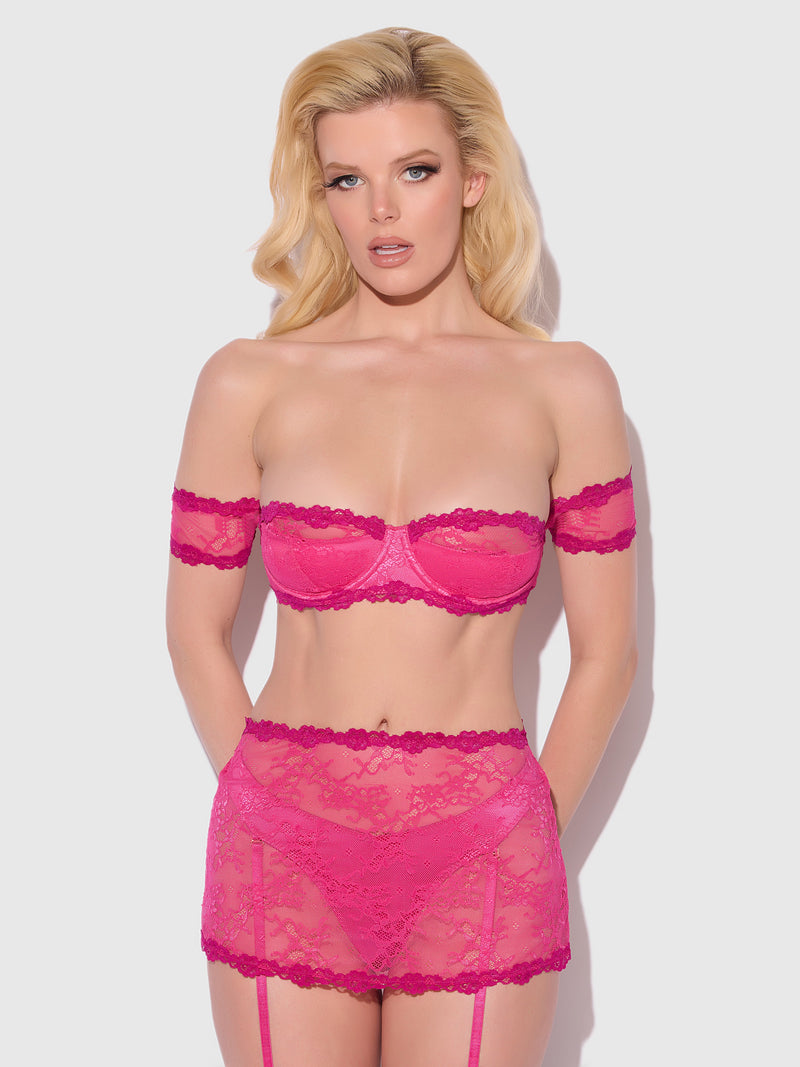 Yvone Lace Skirted Garter Panty Bra Set Purple Fuchsia