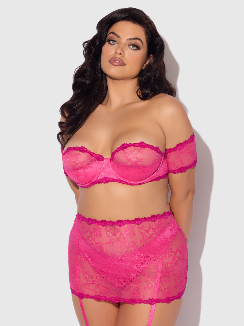 Yvone Lace Skirted Garter Panty Bra Set Purple Fuchsia