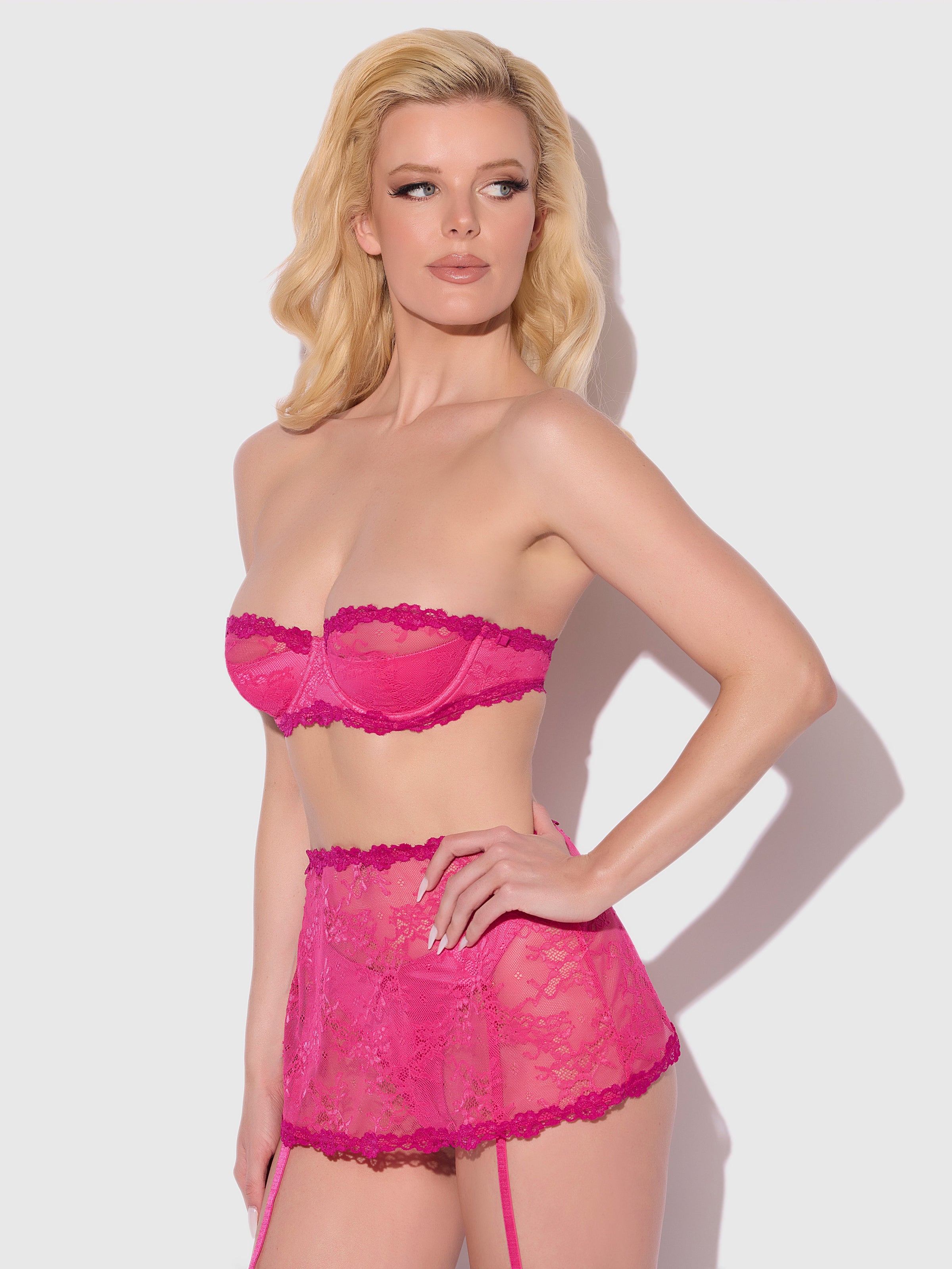 Yvone Lace Skirted Garter Panty Bra Set Purple Fuchsia
