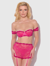 Yvone Lace Skirted Garter Panty Bra Set Purple Fuchsia