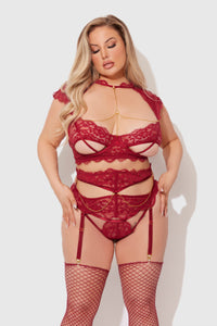 Dezi Lace & Chain Open Cup Bra Set Rhubarb