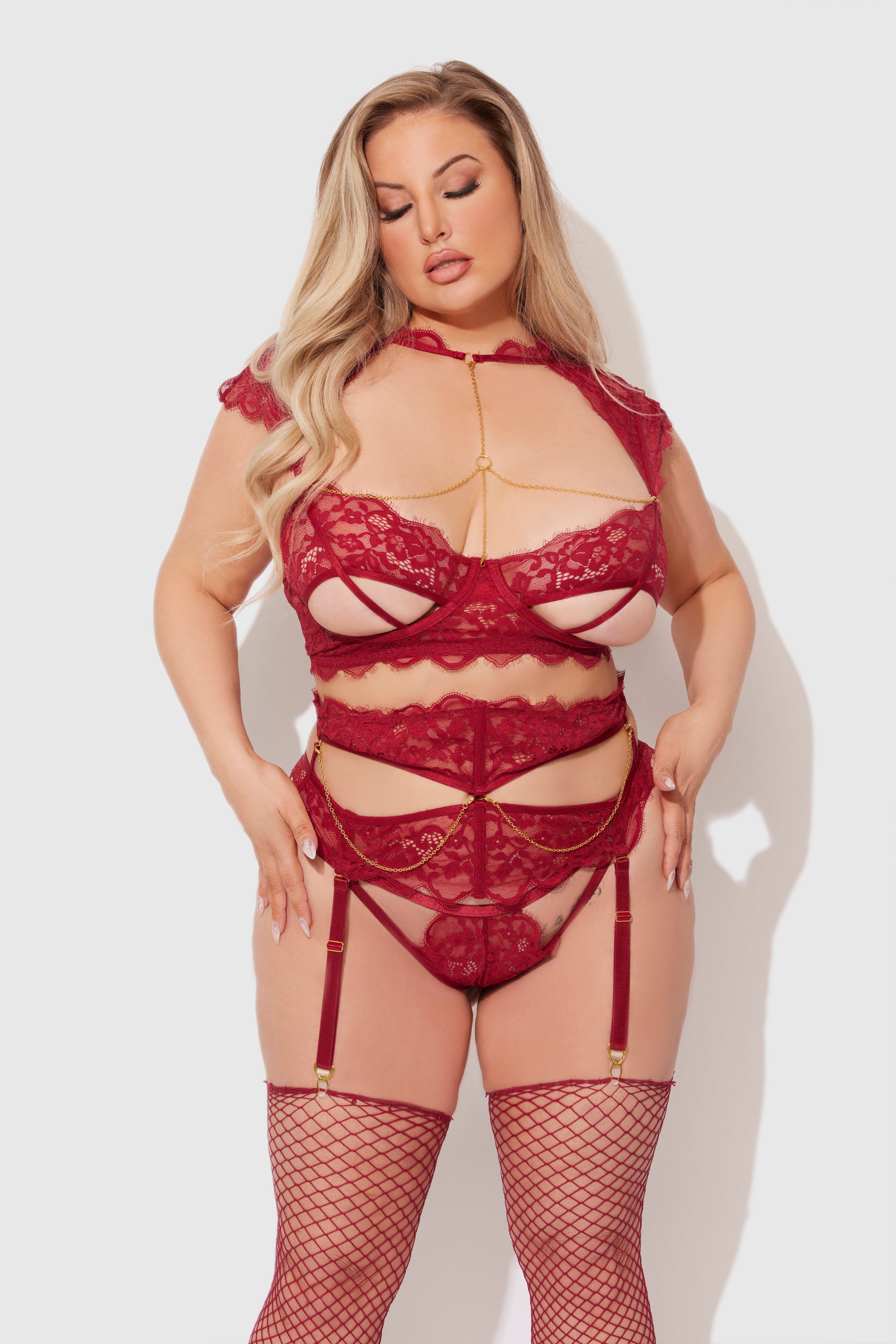Dezi Lace & Chain Open Cup Bra Set Rhubarb