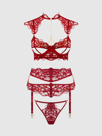 Dezi Lace & Chain Open Cup Bra Set Rhubarb