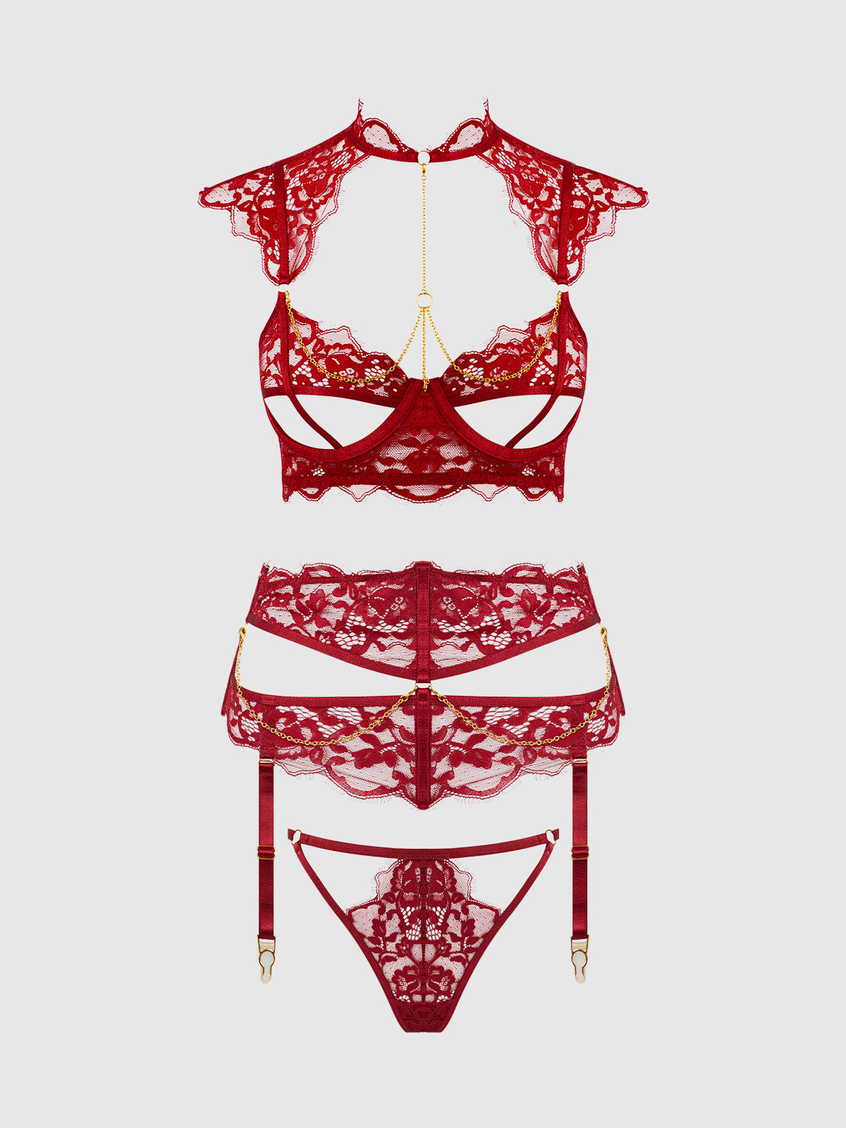 Dezi Lace & Chain Open Cup Bra Set Rhubarb