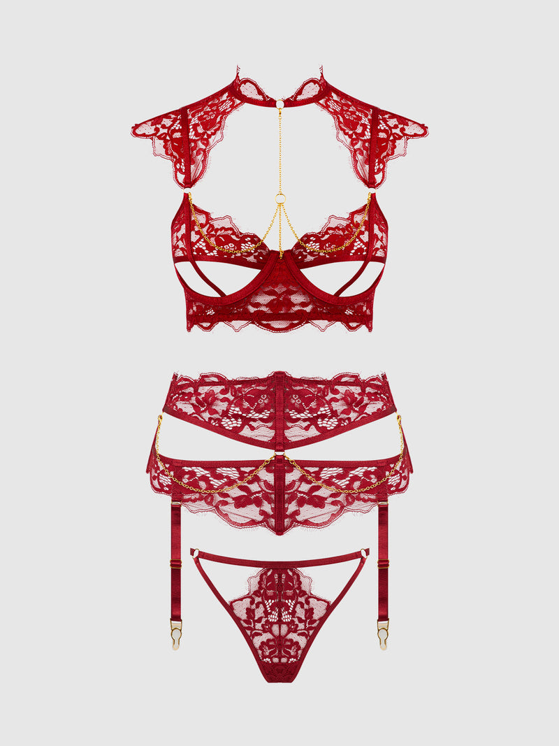 Dezi Lace & Chain Open Cup Bra Set Rhubarb