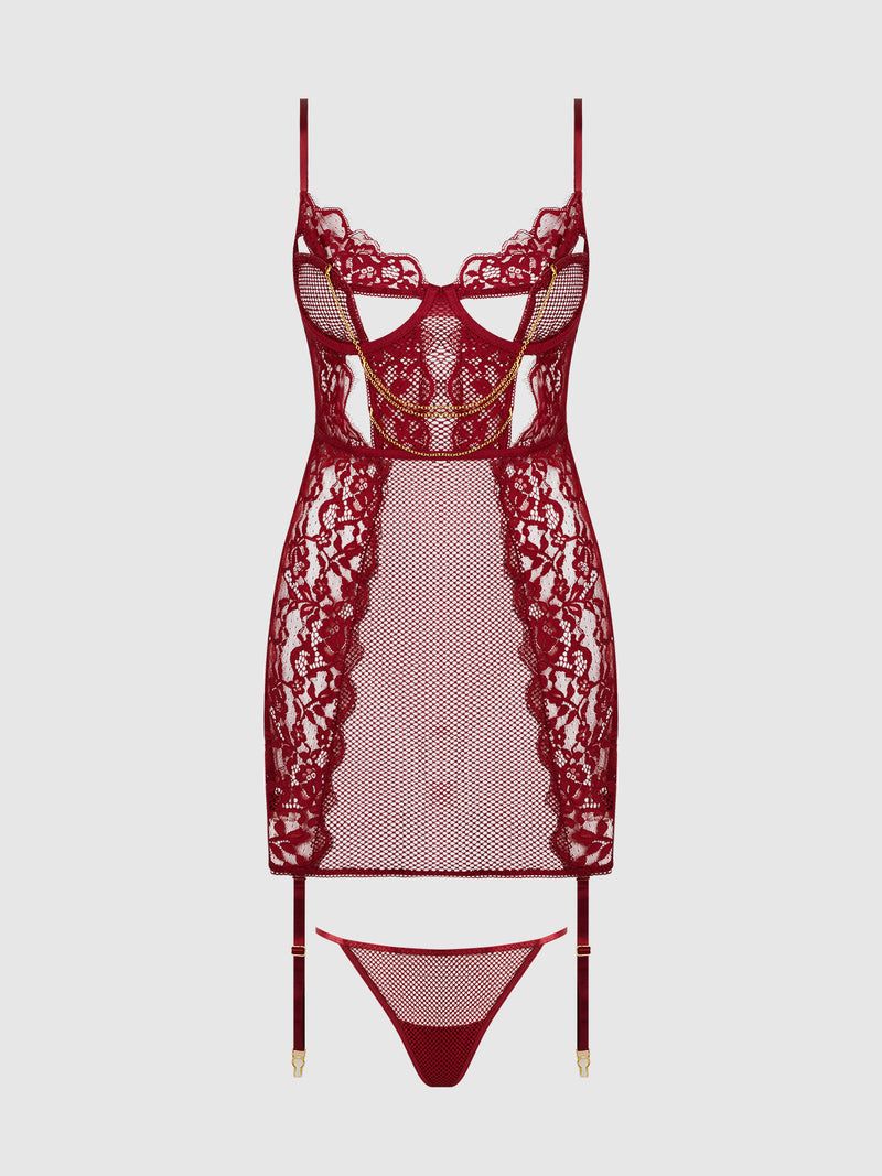 Dezi Lace & Chain Chemise Set Rhubarb