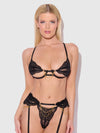 Cecily Lace & Chain Open Cups Bra Set Black