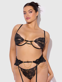 Cecily Lace & Chain Open Cups Bra Set Black
