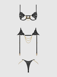 Cecily Lace & Chain Open Cups Bra Set Black