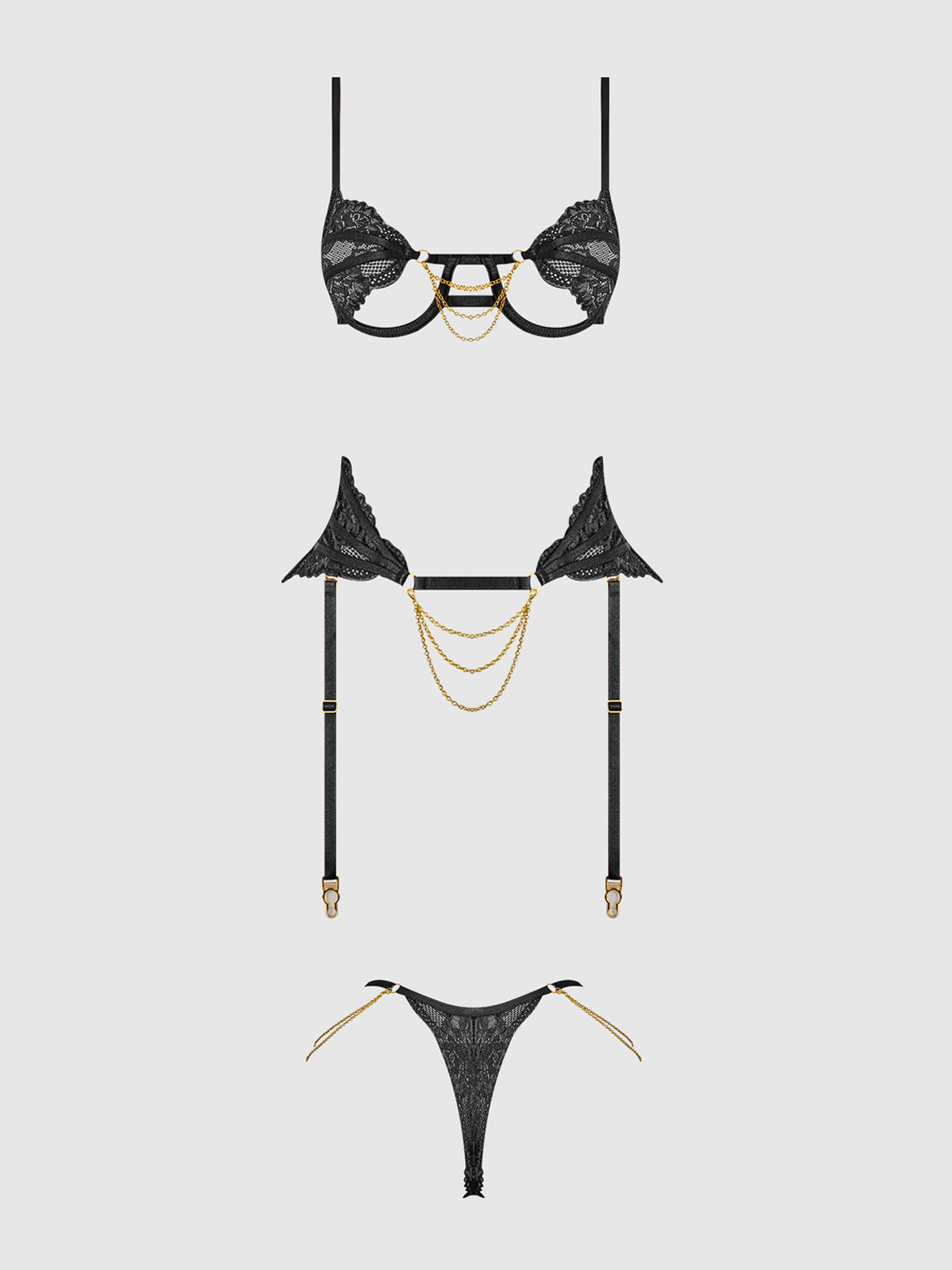 Cecily Lace & Chain Open Cups Bra Set Black