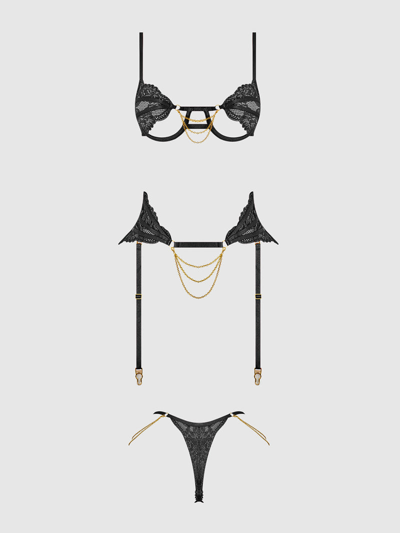 Cecily Lace & Chain Open Cups Bra Set Black
