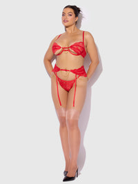 Cecily Lace & Chain Open Cups Bra Set Red