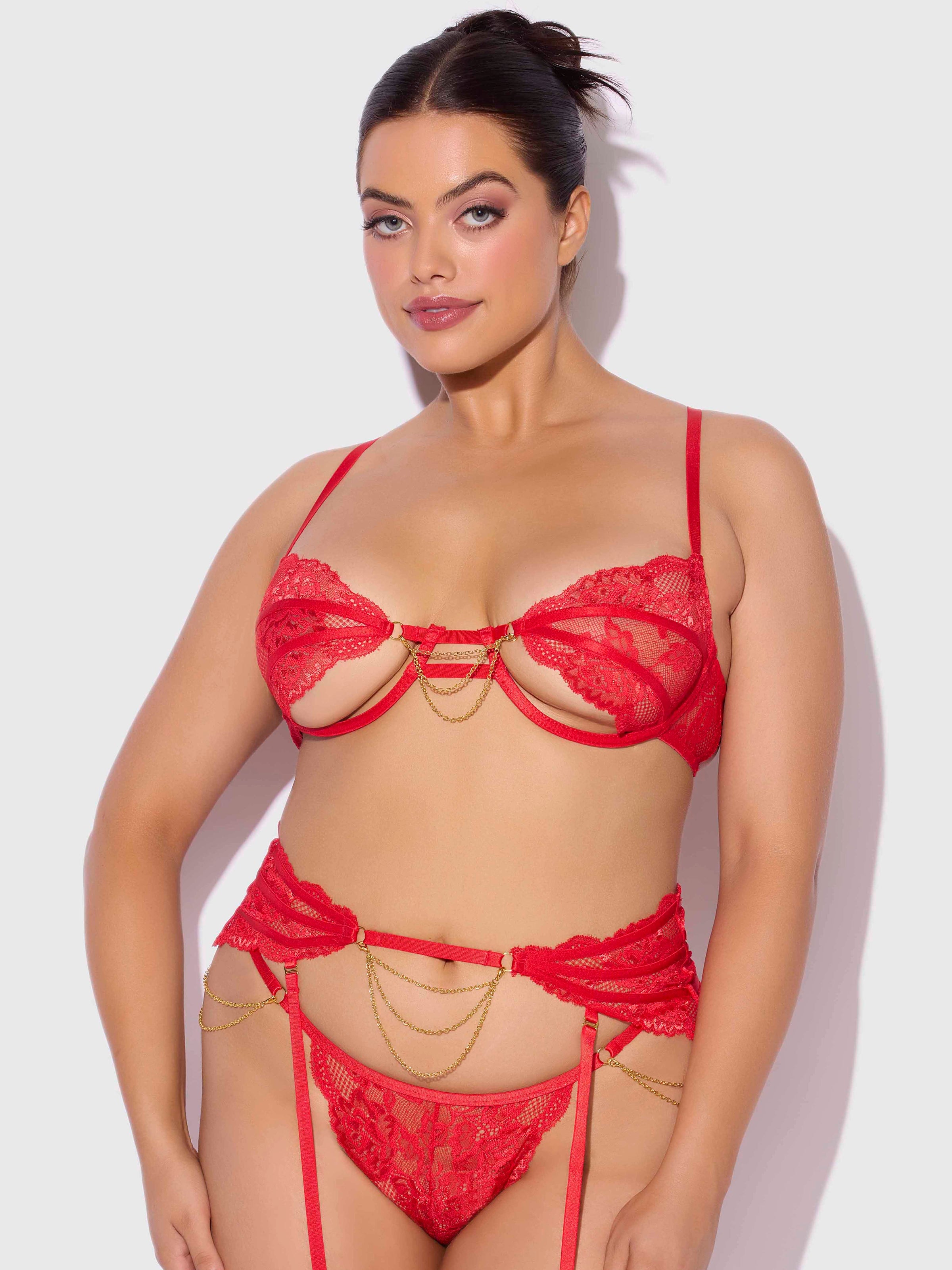 Cecily Lace & Chain Open Cups Bra Set Red