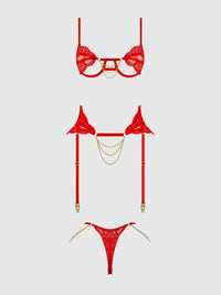 Cecily Lace & Chain Open Cups Bra Set Red