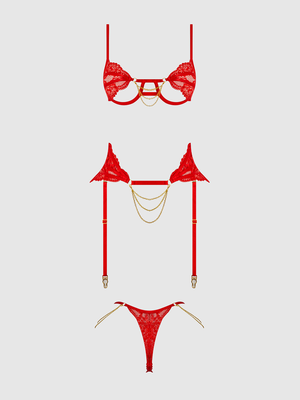 Cecily Lace & Chain Open Cups Bra Set Red