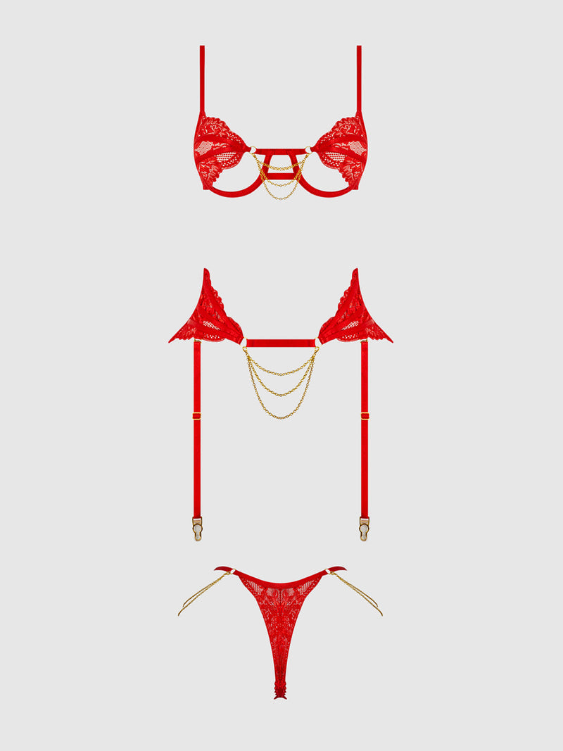Cecily Lace & Chain Open Cups Bra Set Red