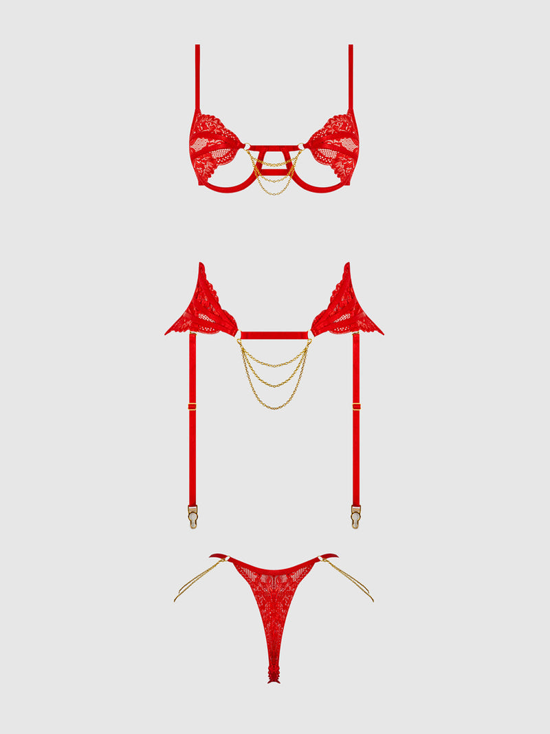 Cecily Lace & Chain Open Cups Bra Set
