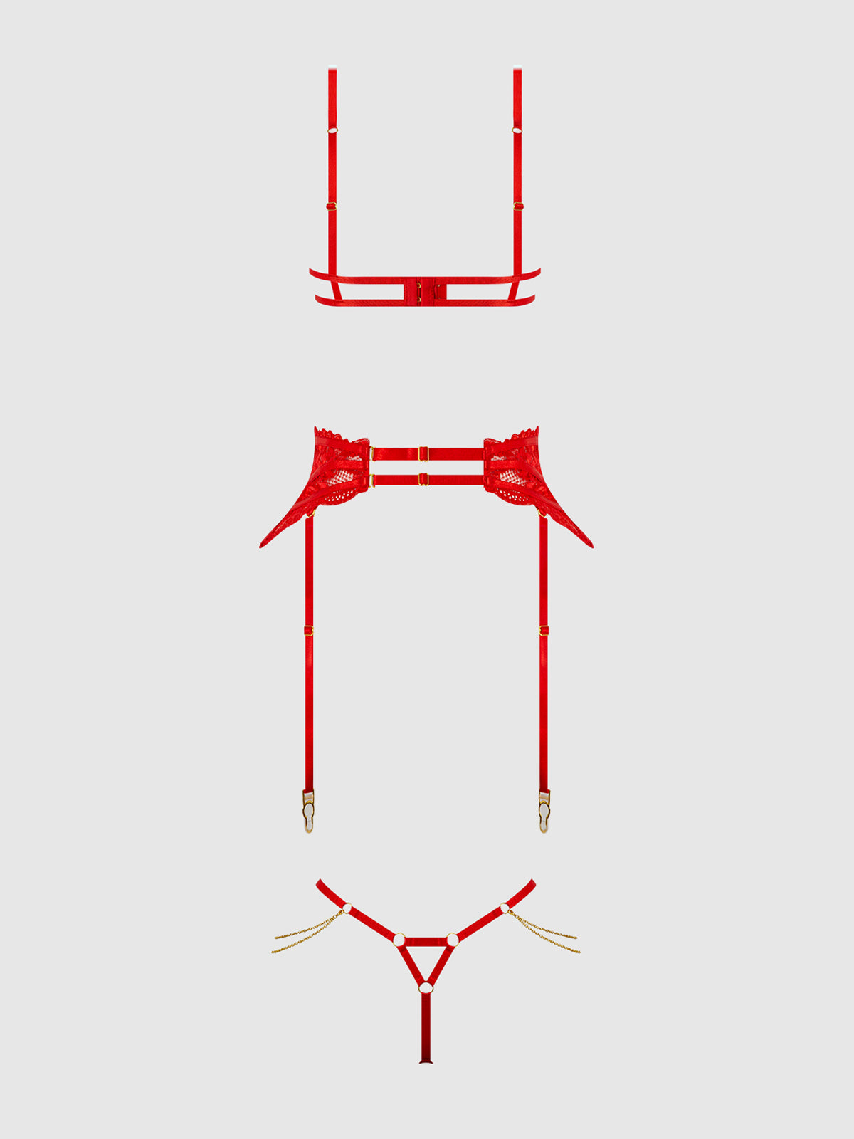 Cecily Lace & Chain Open Cups Bra Set Red