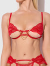 Cecily Lace & Chain Open Cups Bra Set Red