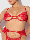 Cecily Lace & Chain Open Cups Bra Set Red