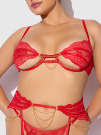 Cecily Lace & Chain Open Cups Bra Set Red