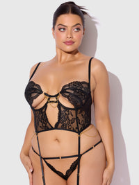 Cecily Lace & Chain Bustier & Backless Hipster Set Black