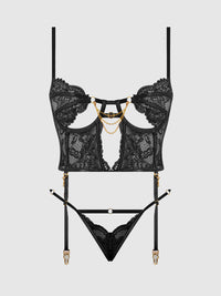 Cecily Lace & Chain Bustier & Backless Hipster Set Black