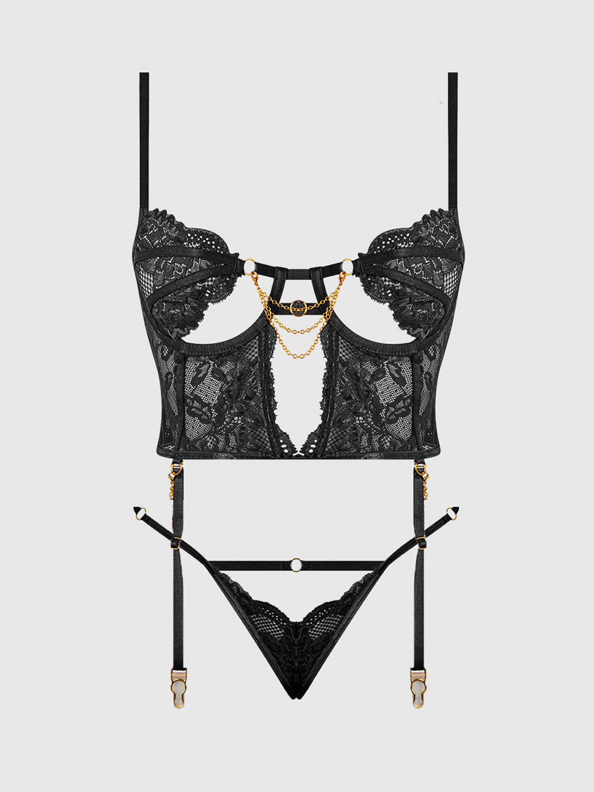 Cecily Lace & Chain Bustier & Backless Hipster Set Black