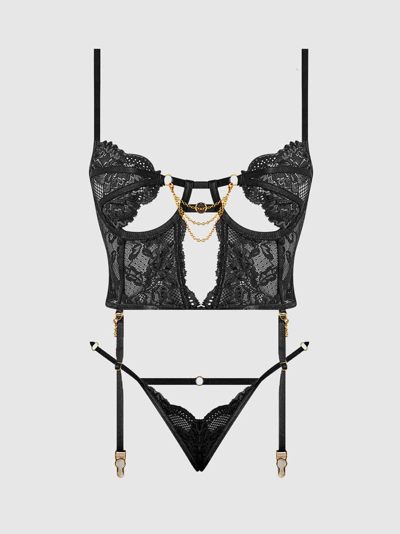 Cecily Lace & Chain Bustier & Backless Hipster Set Black