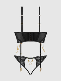 Cecily Lace & Chain Bustier & Backless Hipster Set Black