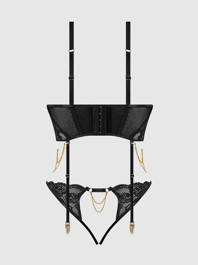 Cecily Lace & Chain Bustier & Backless Hipster Set Black