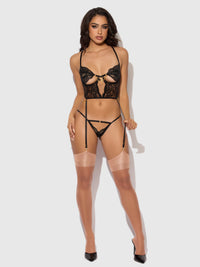 Cecily Lace & Chain Bustier & Backless Hipster Set Black
