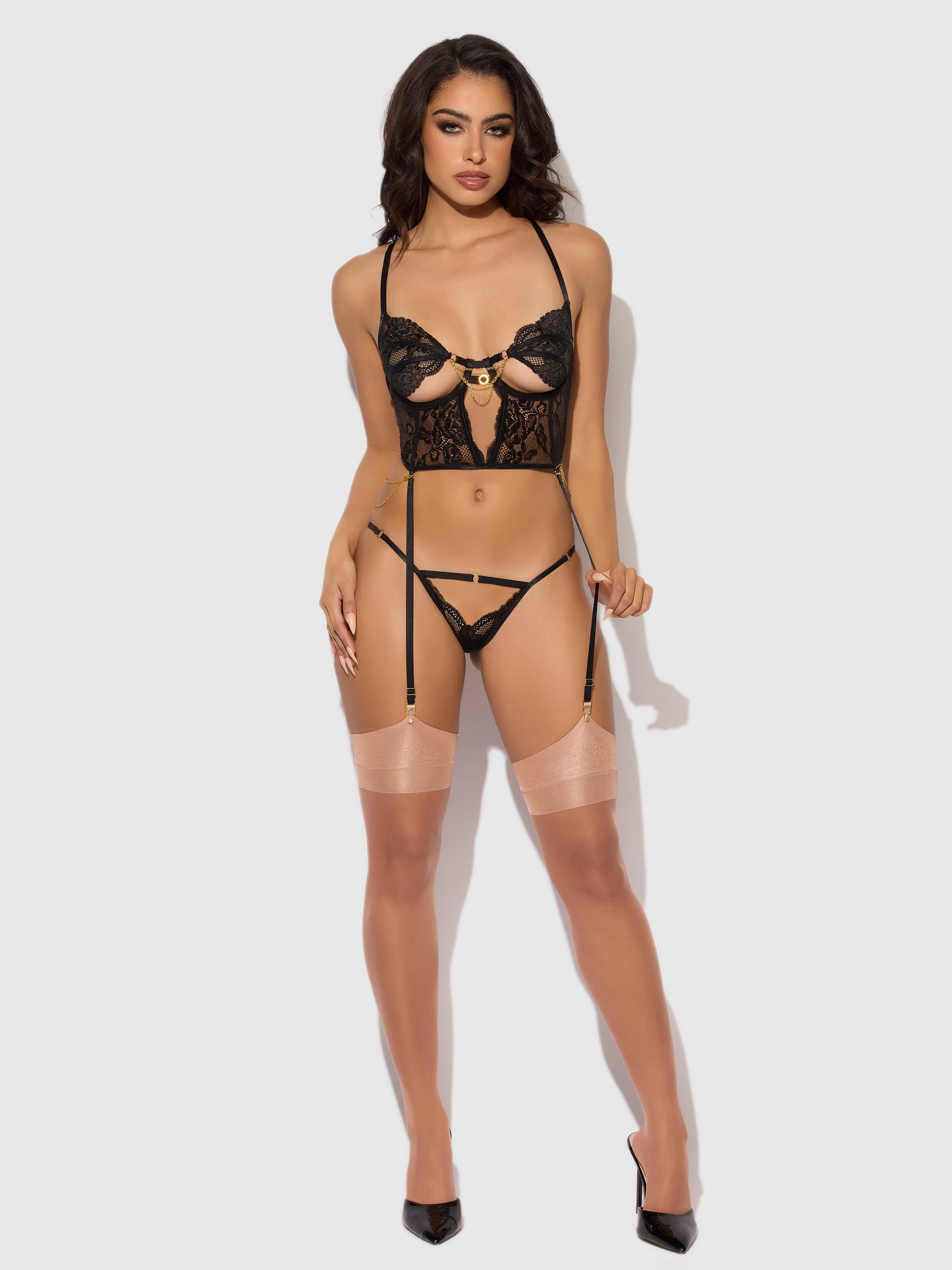 Cecily Lace & Chain Bustier & Backless Hipster Set Black