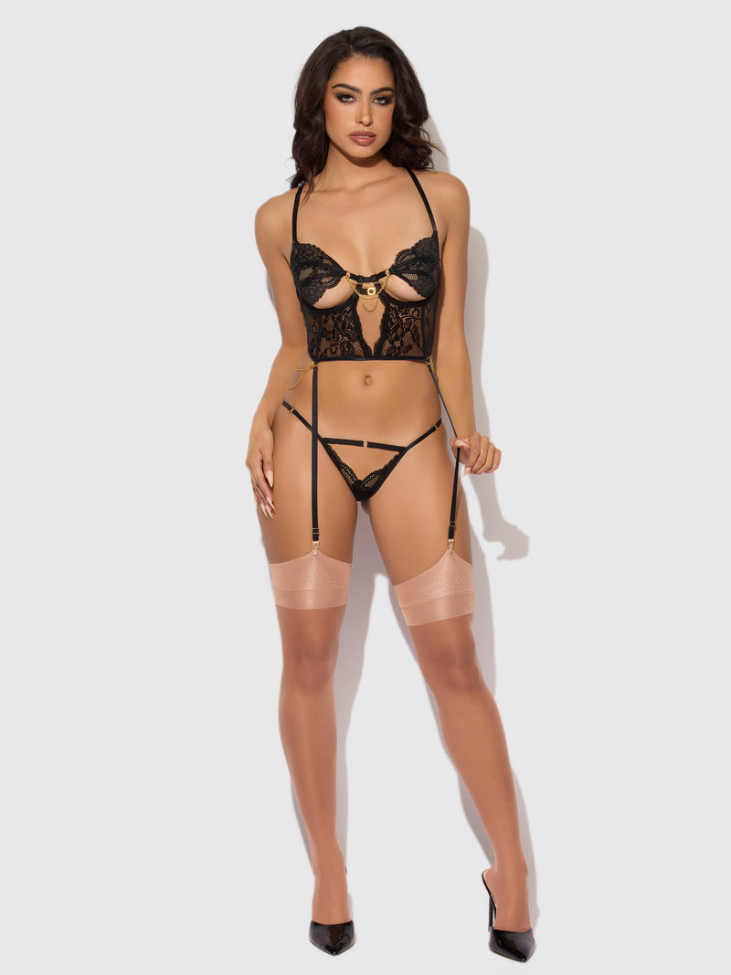 Cecily Lace & Chain Bustier & Backless Hipster Set Black