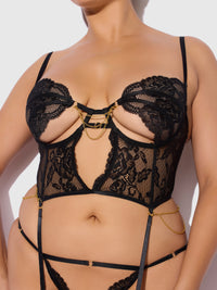 Cecily Lace & Chain Bustier & Backless Hipster Set Black