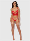 Cecily Lace & Chain Bustier & Backless Hipster Set Red