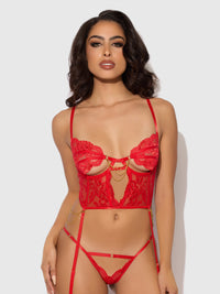 Cecily Lace & Chain Bustier & Backless Hipster Set Red