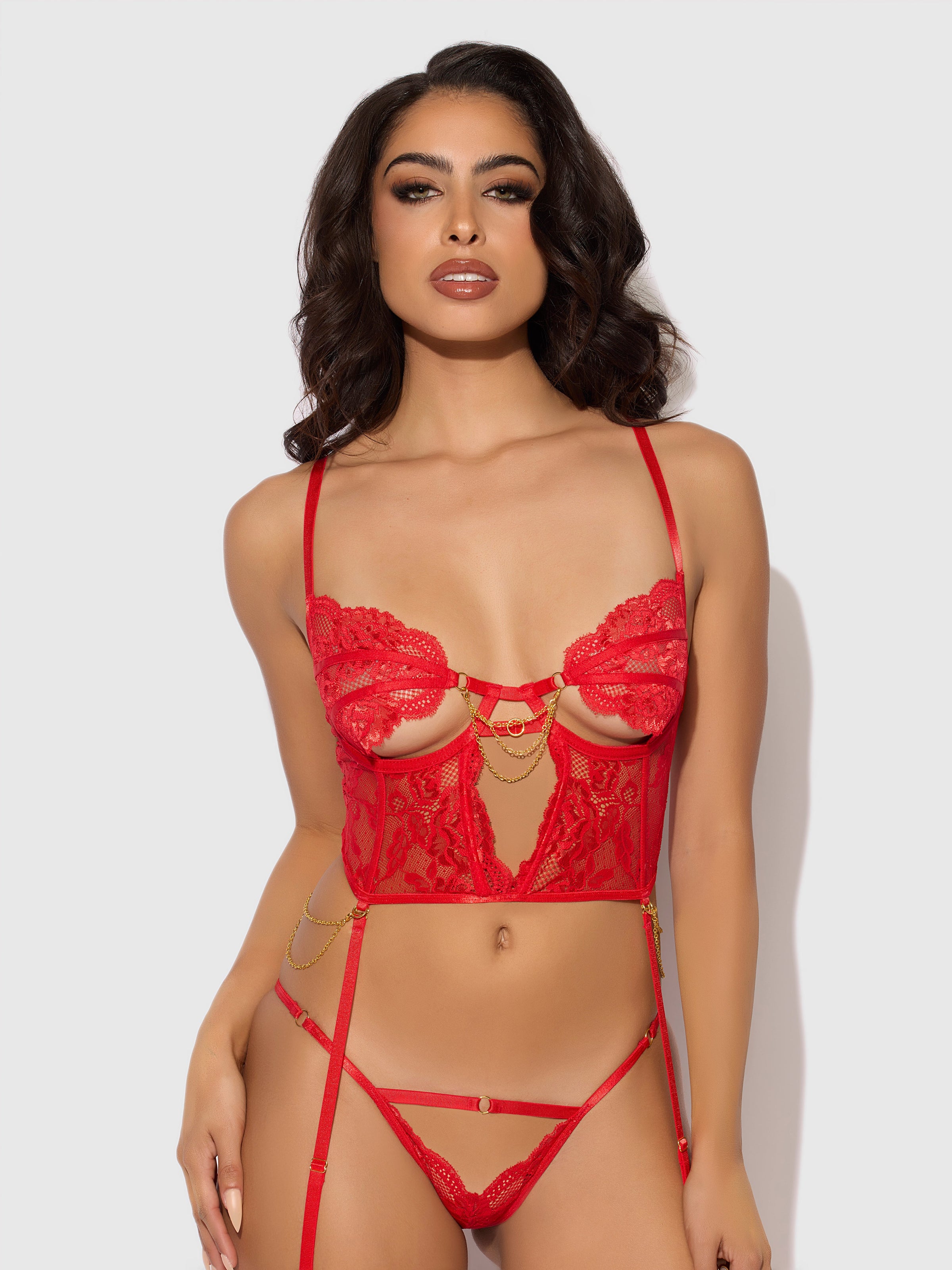Cecily Lace & Chain Bustier & Backless Hipster Set Red