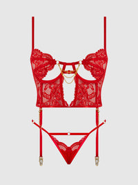 Cecily Lace & Chain Bustier & Backless Hipster Set Red