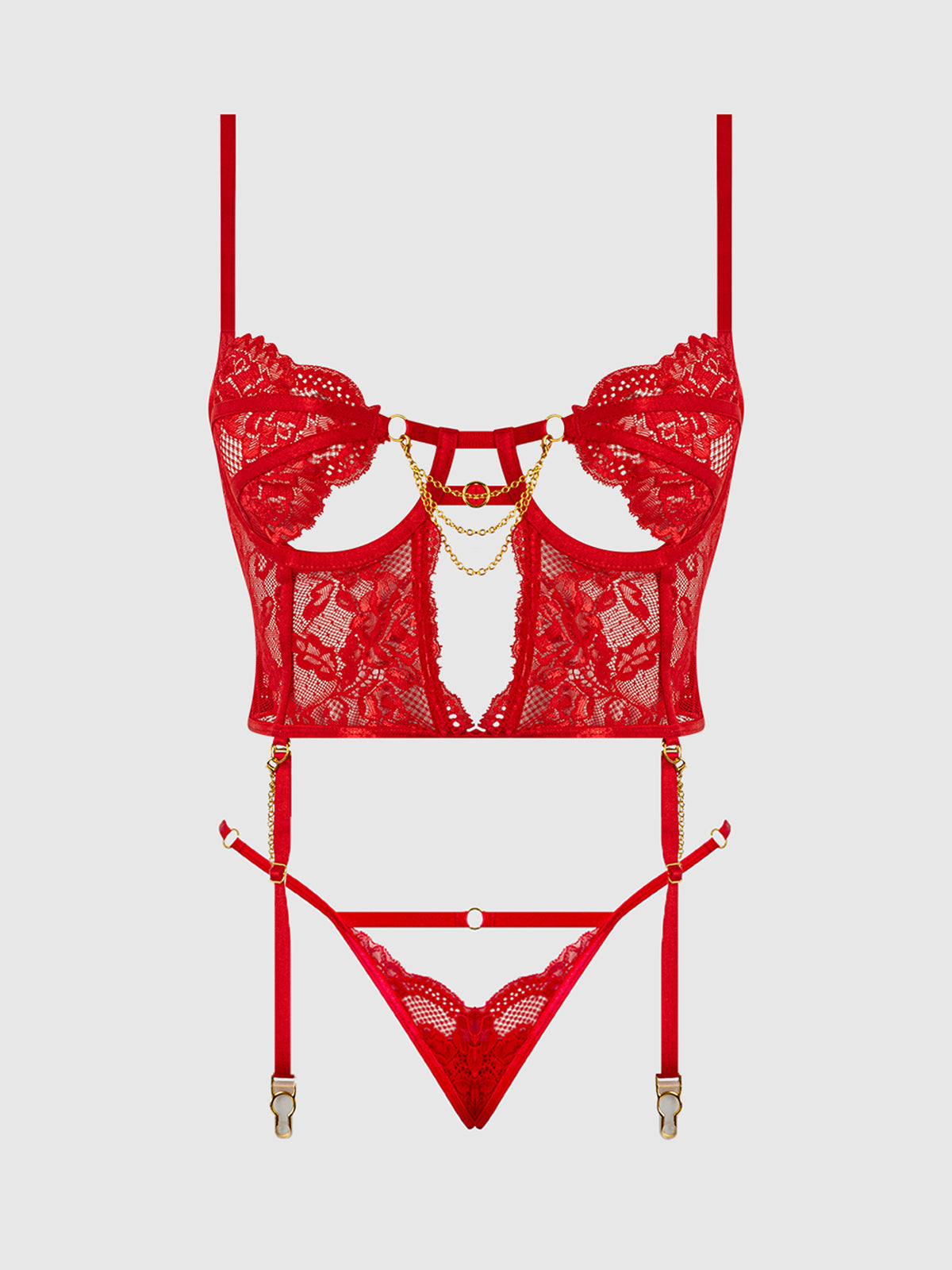 Cecily Lace & Chain Bustier & Backless Hipster Set Red