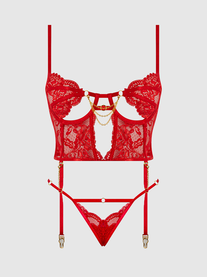 Cecily Lace & Chain Bustier & Backless Hipster Set Red