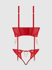 Cecily Lace & Chain Bustier & Backless Hipster Set Red