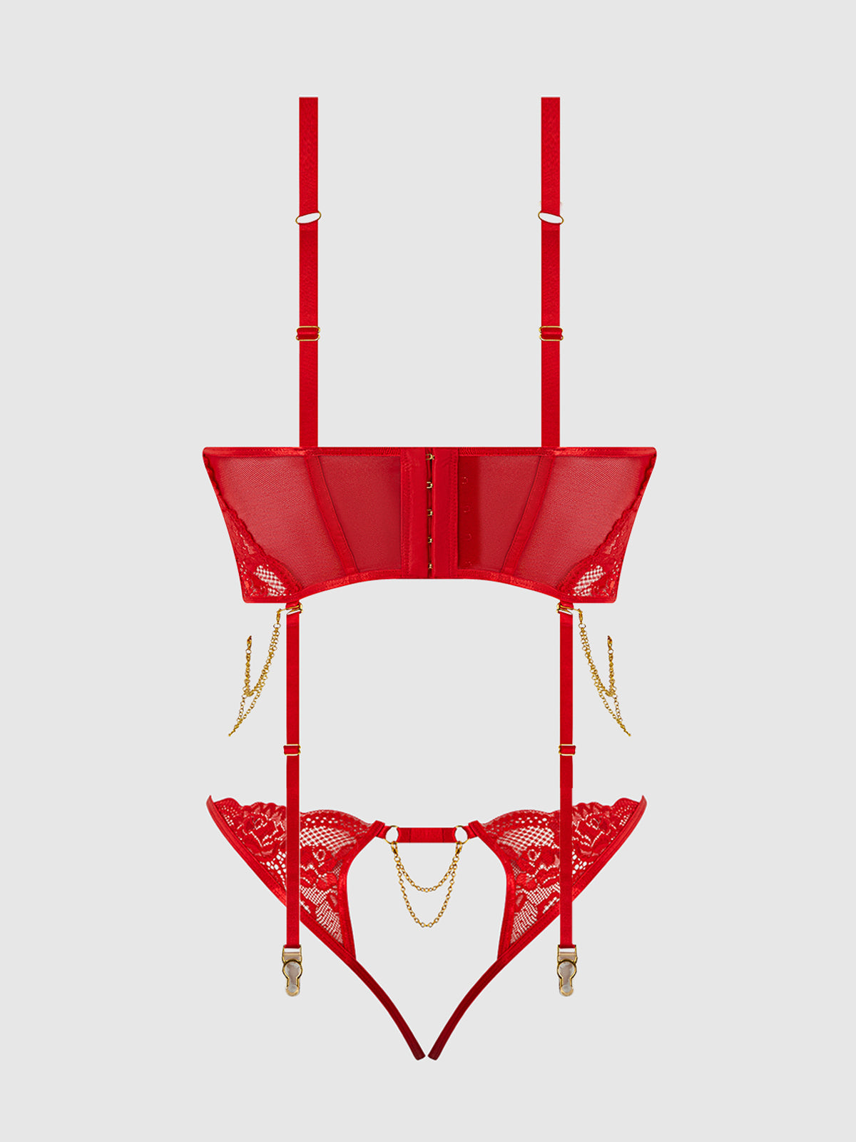 Cecily Lace & Chain Bustier & Backless Hipster Set Red