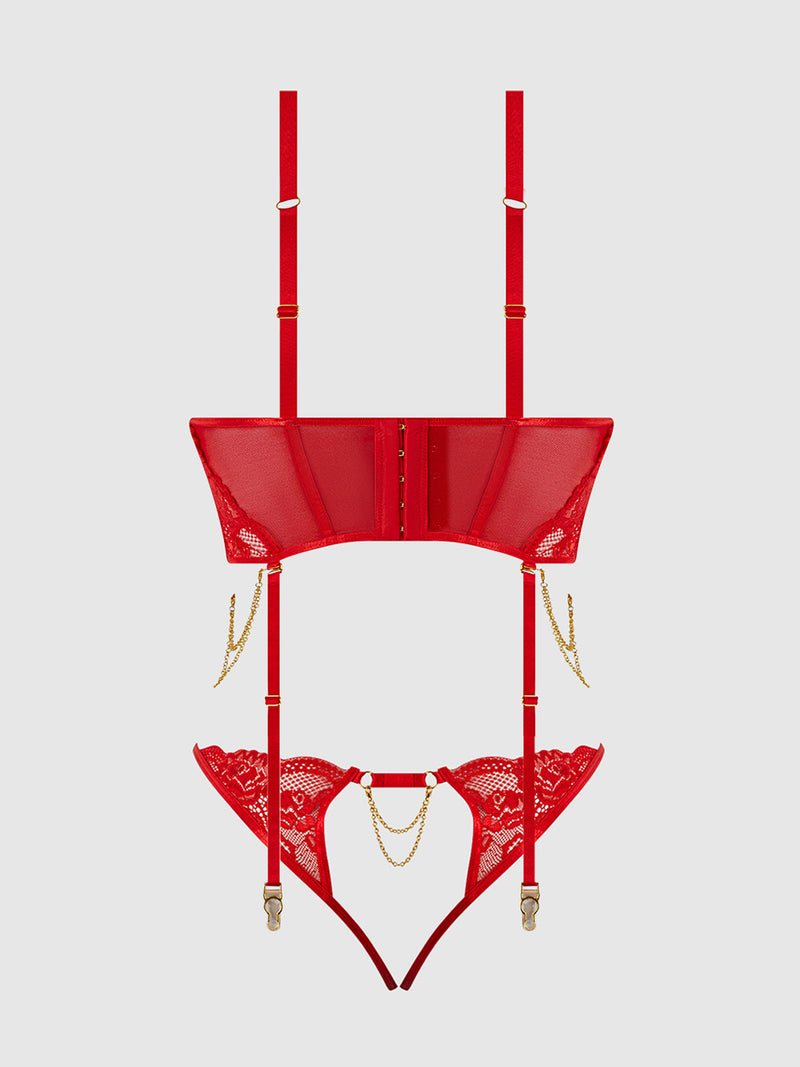 Cecily Lace & Chain Bustier & Backless Hipster Set Red